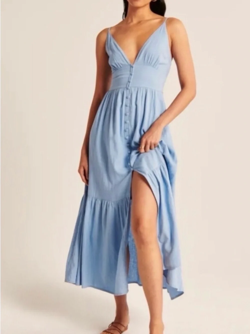 Light Blue Spaghetti-Strap Button Front Maxi Dress